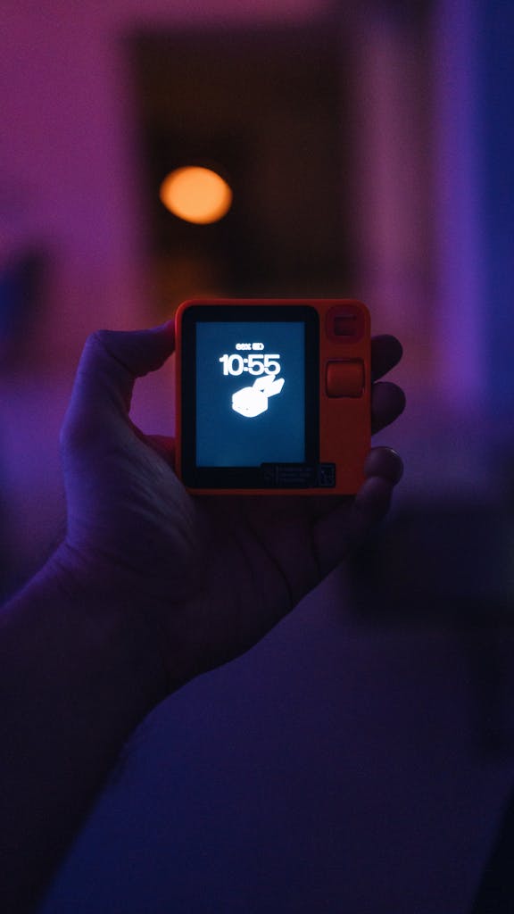 Close-up of a hand holding a small digital device in moody neon light setting.